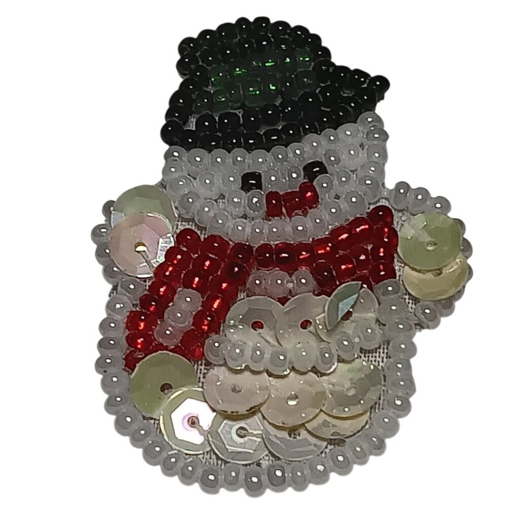 Handmade Snowman Bead and Sequin Christmas Pin Brooch 1990s Boutique 1.75"